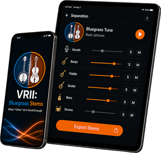 VRII Bluegrass Stems on a phone and tablet, with individual instrument controls.