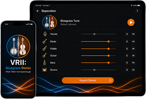 The VRII app showing separate controls for vocals, banjo, fiddle, guitar, bass and drums.