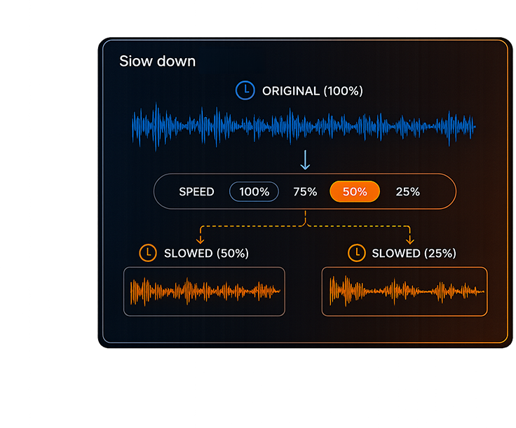 Compare an original waveform at 100% with slowed versions at 50% and 25%.