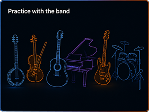 Practice with the band: banjo, fiddle, guitar, piano, bass and drums.