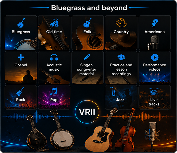 Bluegrass and beyond: old-time, folk, country, Americana, gospel, acoustic music, rock, pop, jazz and live recordings.